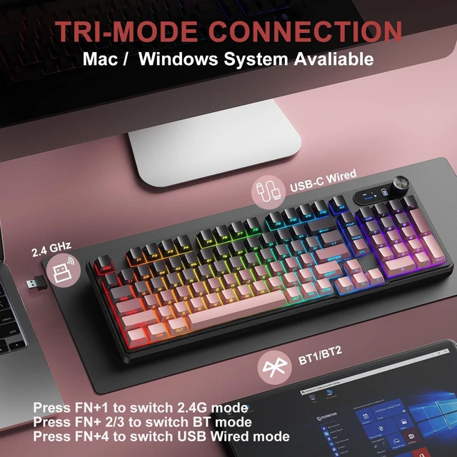 Alt view image 2 of 5 - BlueFinger Wireless Gaming Keyboard, RGB Backlit, Tri-Mode Bluetooth/2.4G/USB-C, 98 Keys Quiet Keyboard with Number Pad, Volume Knob & Screen, Side Printed PBT Keycaps for PC/Mac/Laptop