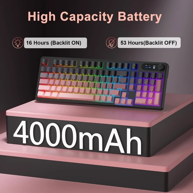 Alt view image 3 of 5 - BlueFinger Wireless Gaming Keyboard, RGB Backlit, Tri-Mode Bluetooth/2.4G/USB-C, 98 Keys Quiet Keyboard with Number Pad, Volume Knob & Screen, Side Printed PBT Keycaps for PC/Mac/Laptop