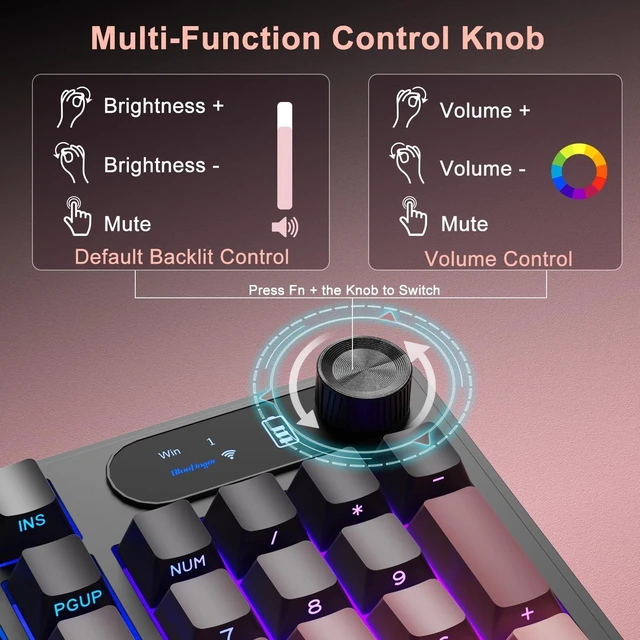 Alt view image 4 of 5 - BlueFinger Wireless Gaming Keyboard, RGB Backlit, Tri-Mode Bluetooth/2.4G/USB-C, 98 Keys Quiet Keyboard with Number Pad, Volume Knob & Screen, Side Printed PBT Keycaps for PC/Mac/Laptop