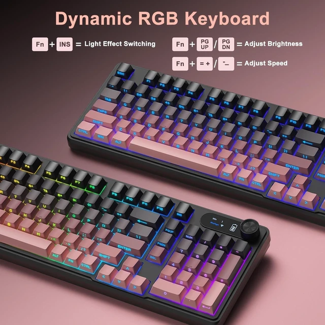 Alt view image 5 of 5 - BlueFinger Wireless Gaming Keyboard, RGB Backlit, Tri-Mode Bluetooth/2.4G/USB-C, 98 Keys Quiet Keyboard with Number Pad, Volume Knob & Screen, Side Printed PBT Keycaps for PC/Mac/Laptop