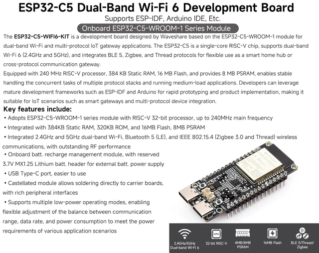 Alt view image 2 of 5 - (2PCS) ESP32-C5 Dual-Band Wi-Fi 6 Development Board, 240MHz RISC-V Processor, ESP32-C5-WROOM-1 Series Module, Multi-Protocol RISC-V MCU, 16MB Flash and 8MB PSRAM, with Pre-Soldered Header