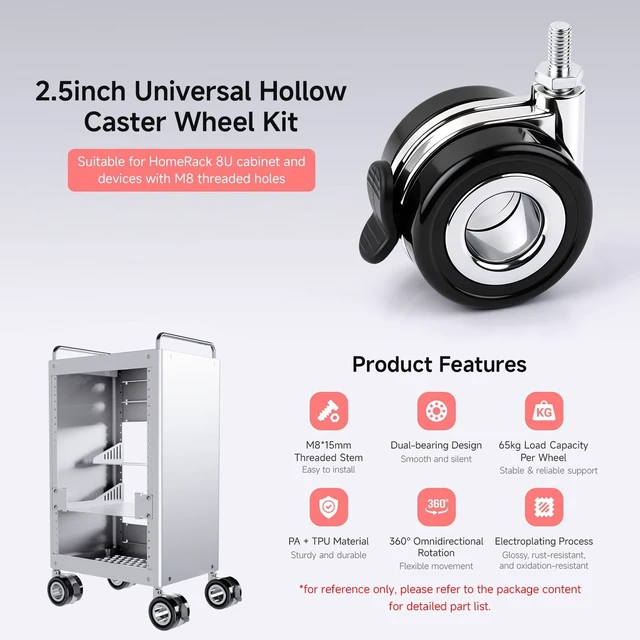 Alt view image 3 of 5 - Waveshare HomeRack 2.5inch (60mm) Hollow Caster Wheel kit with Brake, Includes 4 Caster Wheels, Suitable for Devices with Standard M8 Threaded mounting Holes, 65kg Load Capacity per Wheel