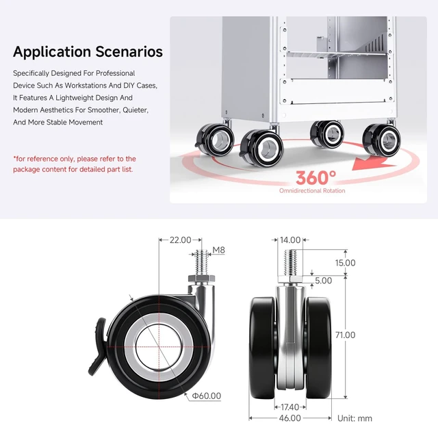 Alt view image 5 of 5 - Waveshare HomeRack 2.5inch (60mm) Hollow Caster Wheel kit with Brake, Includes 4 Caster Wheels, Suitable for Devices with Standard M8 Threaded mounting Holes, 65kg Load Capacity per Wheel