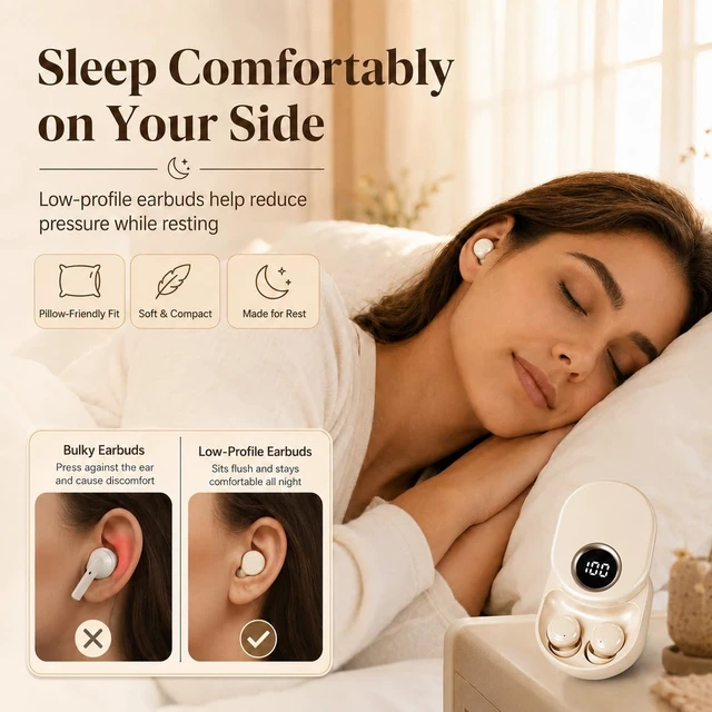 Alt view image 4 of 5 - Invisible Sleep Earbuds, Bluetooth 6.0 Mini Wireless Earbuds for Side Sleepers, Low-Profile Earbuds with LED Battery Display, 30H Playtime Charging Case, Small Earbuds for Sleep, Travel, Work