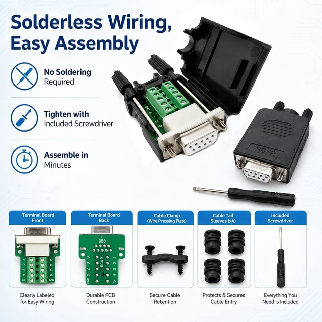 Alt view image 2 of 5 - UHUZZ 10PCS DB9 Female Breakout Connector, Solderless 9-Pin D-Sub RS232 Serial Adapter with Screw Terminals, Protective Housing, Long Screws and Tail Pipe for PLC, Modem, Industrial Equipment