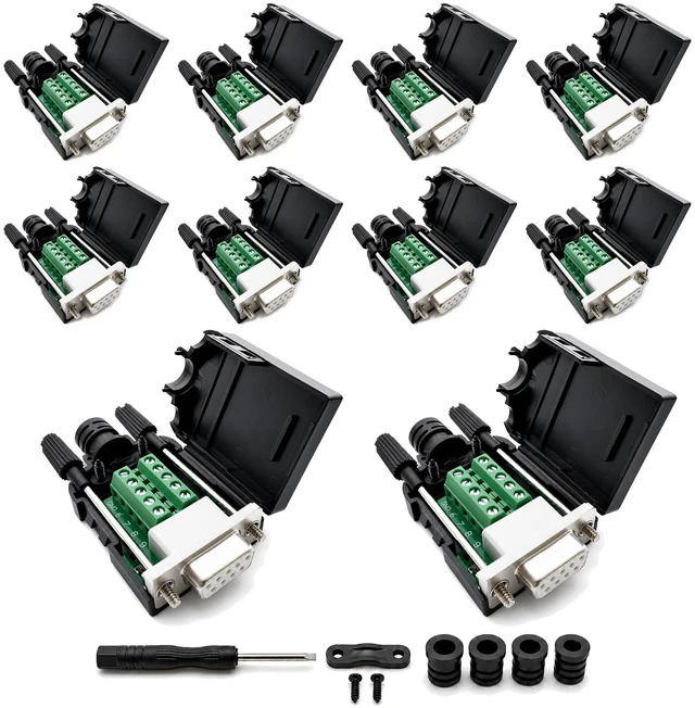 Main image of UHUZZ 10PCS DB9 Female Breakout Connector, Solderless 9-Pin D-Sub RS232 Serial Adapter with Screw Terminals, Protective Housing, Long Screws and Tail Pipe for PLC, Modem, Industrial Equipment