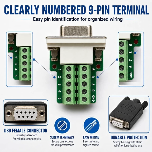 Alt view image 4 of 5 - UHUZZ 10PCS DB9 Female Breakout Connector, Solderless 9-Pin D-Sub RS232 Serial Adapter with Screw Terminals, Protective Housing, Long Screws and Tail Pipe for PLC, Modem, Industrial Equipment