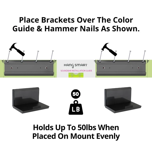 Alt view image 3 of 5 - HangSmart TV Soundbar Mount NO Stud & NO Drill Easy Install, DIY Universal Sound Bar Wall Mount Bracket, Holds up to 50LBS, Adjustable fits Most Soundbars. (White)