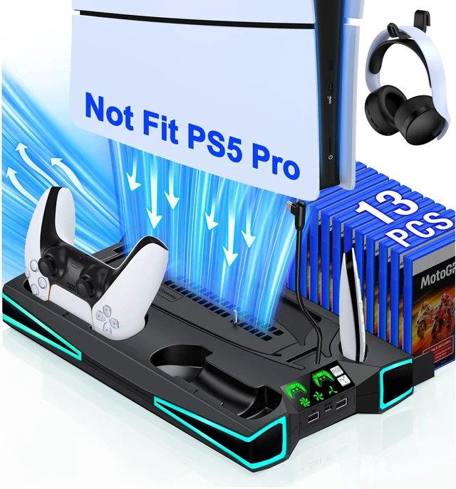 Main image of PS5 Stand, PS5/PS5 Slim Cooling Station with 3-Level Cooling Fan, Controller Charger Station for PS5 Accessories, Light, Headset Holder, 3 Charger Ports for PlayStation 5 Slim Console, Black