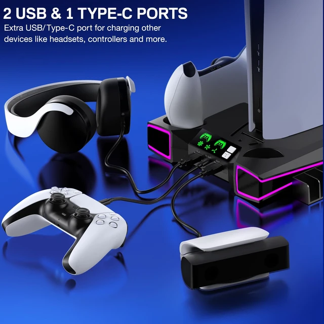 Alt view image 4 of 5 - PS5 Stand, PS5/PS5 Slim Cooling Station with 3-Level Cooling Fan, Controller Charger Station for PS5 Accessories, Light, Headset Holder, 3 Charger Ports for PlayStation 5 Slim Console, Black