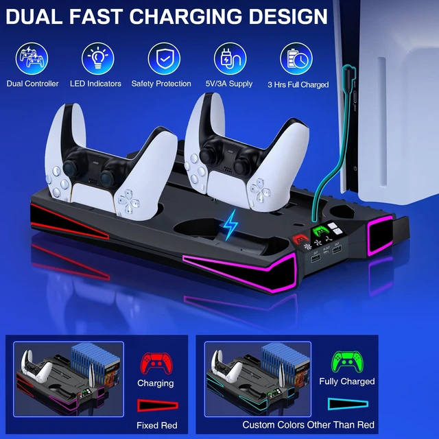 Alt view image 3 of 5 - PS5 Stand, PS5/PS5 Slim Cooling Station with 3-Level Cooling Fan, Controller Charger Station for PS5 Accessories, Light, Headset Holder, 3 Charger Ports for PlayStation 5 Slim Console, Black
