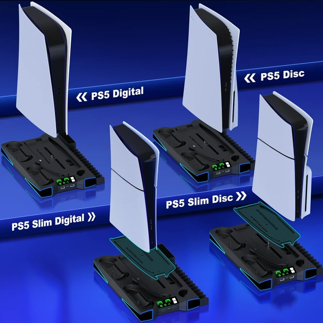 Alt view image 5 of 5 - PS5 Stand, PS5/PS5 Slim Cooling Station with 3-Level Cooling Fan, Controller Charger Station for PS5 Accessories, Light, Headset Holder, 3 Charger Ports for PlayStation 5 Slim Console, Black