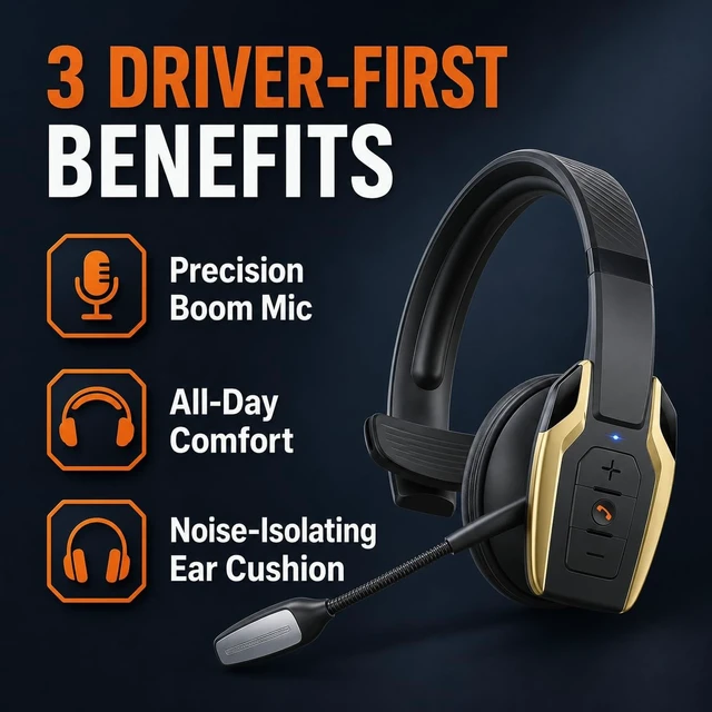 Alt view image 3 of 5 - Bytewave shop Trucker Bluetooth Headset, Bluetooth 6.0 Wireless Headset with ENC Noise Cancelling Mic, 58H Play Time, Hands-Free Headset for Truck Drivers, Office Calls & Driving-Gold