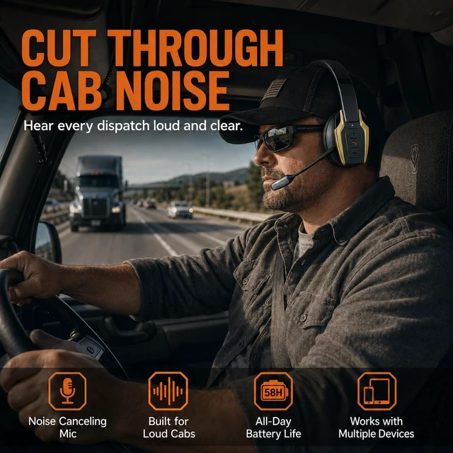 Alt view image 5 of 5 - Bytewave shop Trucker Bluetooth Headset, Bluetooth 6.0 Wireless Headset with ENC Noise Cancelling Mic, 58H Play Time, Hands-Free Headset for Truck Drivers, Office Calls & Driving-Gold
