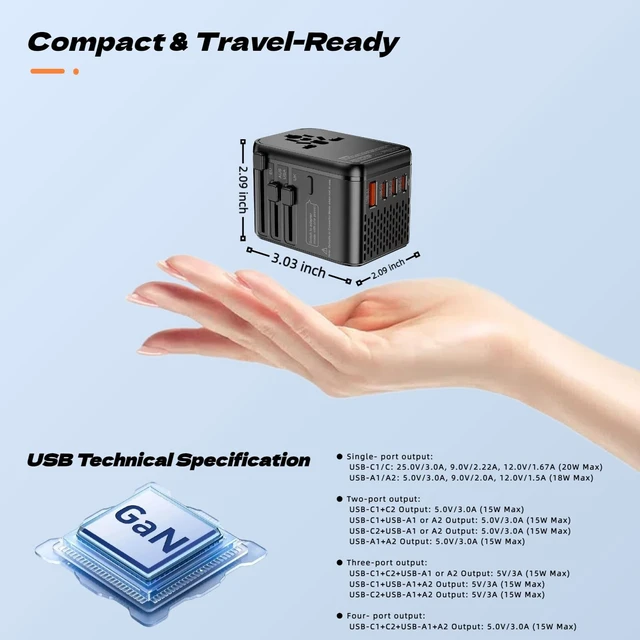 Alt view image 3 of 5 - Travel Voltage Converter 220V to 110V, Compact All-in-One International Power Adapter with 20W PD Fast Charging, 4 Ports (3 USB-C &1 USB-A), Universal Plug for US, UK, EU, AUS, China, Worldwide Travel