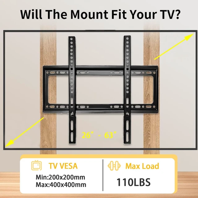 Alt view image 2 of 5 - Prldpo Fixed TV Wall Mount for Most 26-63 inch Flat Panel/Curved TVs,Universal Low Profile Wall Mount TV Bracket for LED LCD OLED VESA 400X400mm up to 110Lbs (26-63 Inch)
