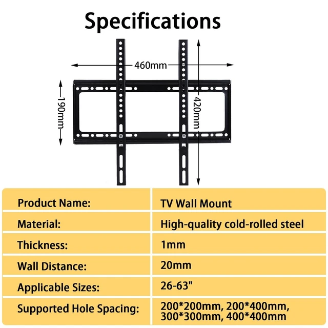Alt view image 4 of 5 - Prldpo Fixed TV Wall Mount for Most 26-63 inch Flat Panel/Curved TVs,Universal Low Profile Wall Mount TV Bracket for LED LCD OLED VESA 400X400mm up to 110Lbs (26-63 Inch)