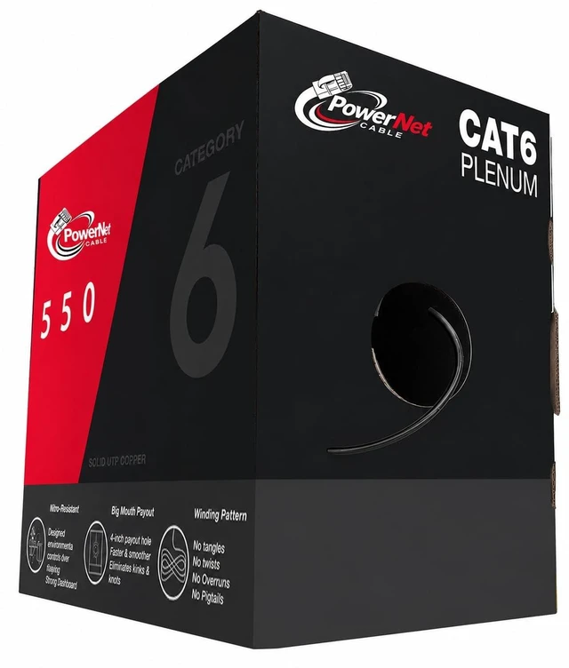 Main image of PowerNet Cable Cat6 Plenum 1000ft CMP ^^ 550MHz 10Gbps UTP Ethernet ^^ DSX-8000 Tested ^^ Fire Retardant ^^ Heavy Duty Box (Black)