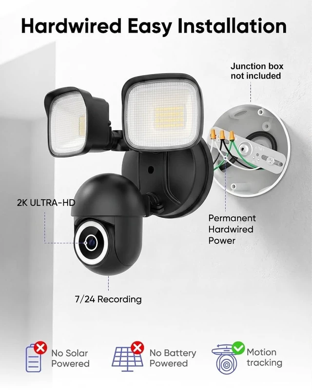 Alt view image 2 of 5 - Meloght 2K Floodlight Camera, 360 PTZ 3500LM Hardwired Security Cam Black