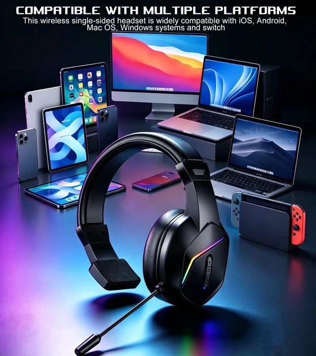 Alt view image 2 of 5 - Wireless One Ear Headset with Mic, Single Ear Trucker Headset for PC/Computer/Laptop/Mac/iPad/iPhone/Android/Switch, Gaming Headphones with RGB Light, Mute Button for Truck Driver, Office Work,