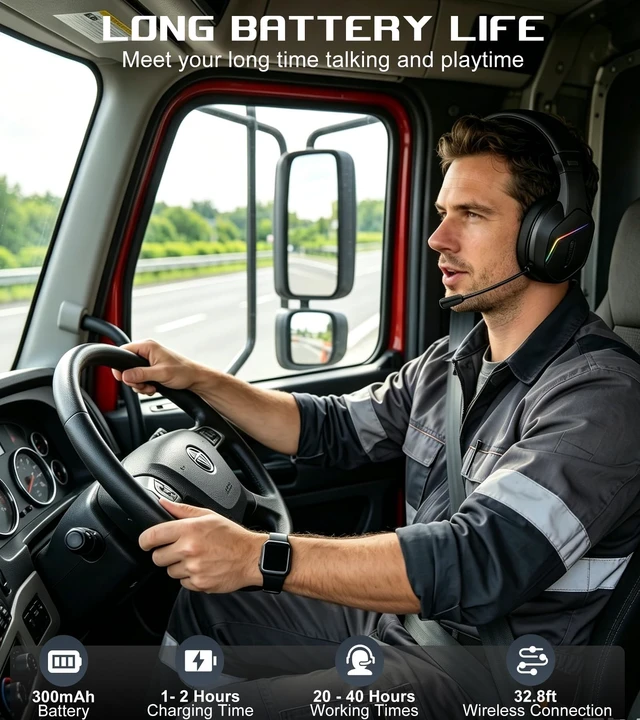 Alt view image 4 of 5 - Wireless One Ear Headset with Mic, Single Ear Trucker Headset for PC/Computer/Laptop/Mac/iPad/iPhone/Android/Switch, Gaming Headphones with RGB Light, Mute Button for Truck Driver, Office Work,