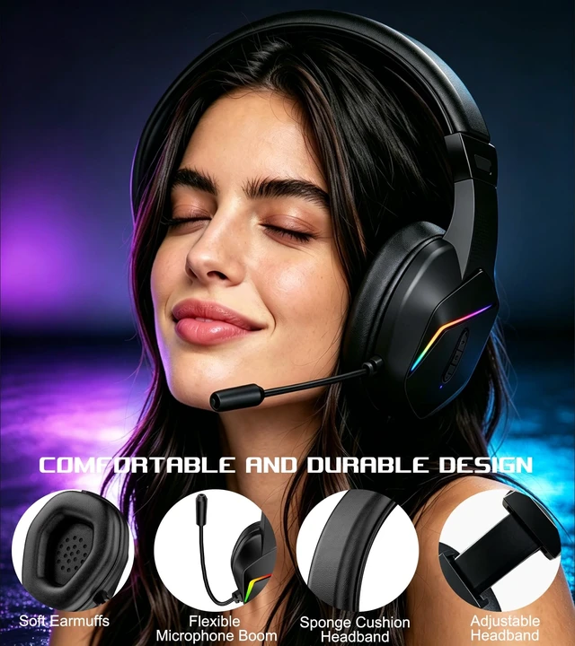 Alt view image 5 of 5 - Wireless One Ear Headset with Mic, Single Ear Trucker Headset for PC/Computer/Laptop/Mac/iPad/iPhone/Android/Switch, Gaming Headphones with RGB Light, Mute Button for Truck Driver, Office Work,