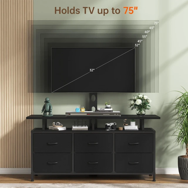 Alt view image 2 of 5 - DrawXynth Black TV Stand with Mount for 32/45/55/60/65/75 inch TVs, Entertainment Center with 6 Fabric Drawers & Open Shelf, TV Media Console for Living Room, Bedroom