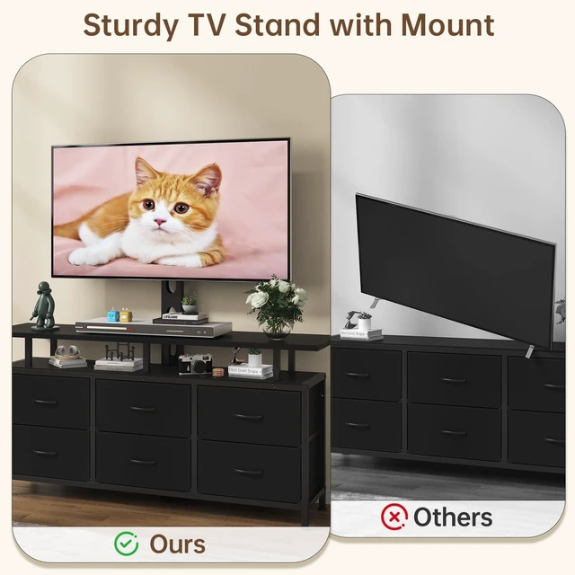 Alt view image 4 of 5 - DrawXynth Black TV Stand with Mount for 32/45/55/60/65/75 inch TVs, Entertainment Center with 6 Fabric Drawers & Open Shelf, TV Media Console for Living Room, Bedroom