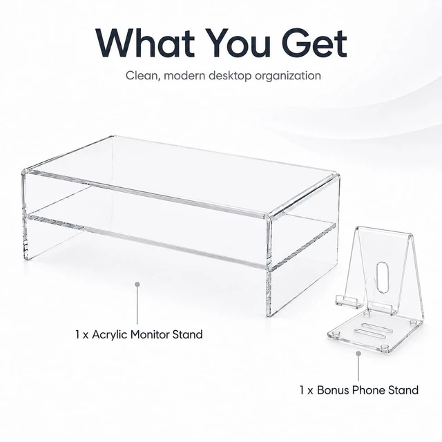 Alt view image 3 of 5 - liaoyotixi Acrylic Monitor Stand Riser 2 Tier and acrylic phone stands, 5.12 Inch High Computer Monitor Stand Desk Organizer Shelf, Transparent Acrylic Desktop Riser Laptop, Office and Home Workspace