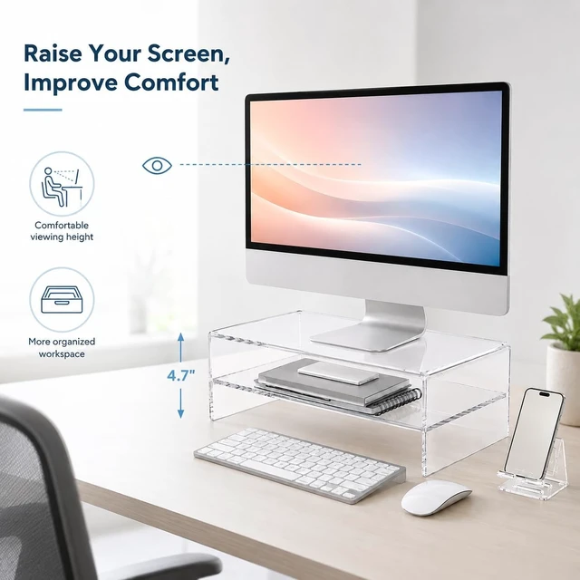 Alt view image 4 of 5 - liaoyotixi Acrylic Monitor Stand Riser 2 Tier and acrylic phone stands, 5.12 Inch High Computer Monitor Stand Desk Organizer Shelf, Transparent Acrylic Desktop Riser Laptop, Office and Home Workspace
