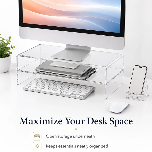 Alt view image 5 of 5 - liaoyotixi Acrylic Monitor Stand Riser 2 Tier and acrylic phone stands, 5.12 Inch High Computer Monitor Stand Desk Organizer Shelf, Transparent Acrylic Desktop Riser Laptop, Office and Home Workspace