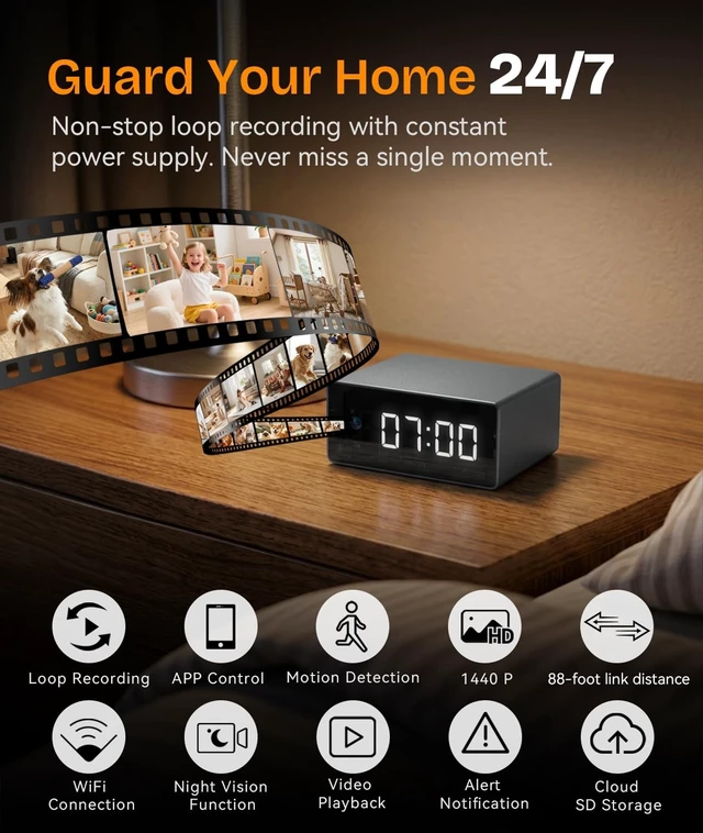 Alt view image 2 of 5 - THIVRW Wireless WiFi Security Camera, Indoor Camera with Clock with App Control, Nanny Cam for Home, AI Motion Detection, Loop Recording, Night Vision, Local & Cloud Storage