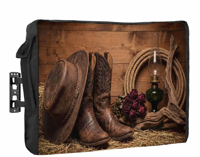 Main image of Zefadutok Cowboy Boots Hats Outdoor TV Cover Red Rose Retro Farmhouses Wood Western Waterproof Weatherproof TV Screen Protector with Remote Control Pocket for 52 to 55 Inch Television Outside