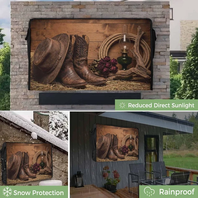 Alt view image 2 of 5 - Zefadutok Cowboy Boots Hats Outdoor TV Cover Red Rose Retro Farmhouses Wood Western Waterproof Weatherproof TV Screen Protector with Remote Control Pocket for 52 to 55 Inch Television Outside