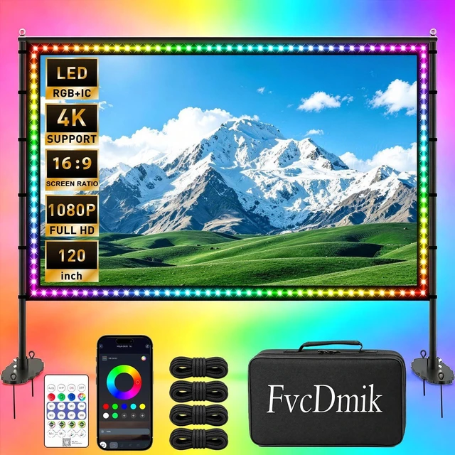 Main image of 150 inch Projector Screen with Stand, USB String Lights Connection 16:9 4K HD Portable Movie Screen Indoor Outdoor,Wrinkle-Free Foldable Projection Screen for Home Theater Backyard, Office, Travel