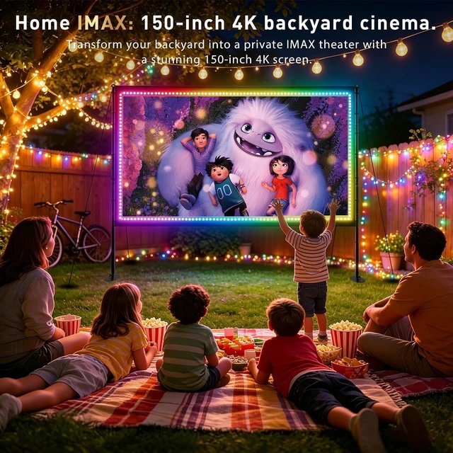 Alt view image 3 of 5 - 150 inch Projector Screen with Stand, USB String Lights Connection 16:9 4K HD Portable Movie Screen Indoor Outdoor,Wrinkle-Free Foldable Projection Screen for Home Theater Backyard, Office, Travel