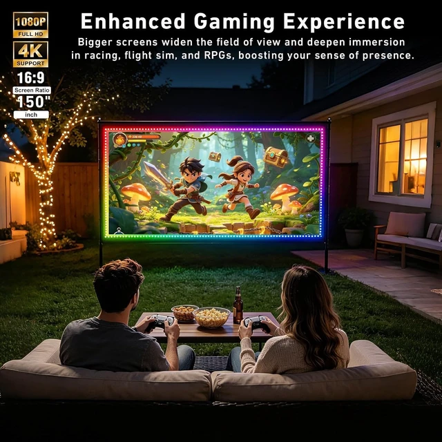 Alt view image 4 of 5 - 150 inch Projector Screen with Stand, USB String Lights Connection 16:9 4K HD Portable Movie Screen Indoor Outdoor,Wrinkle-Free Foldable Projection Screen for Home Theater Backyard, Office, Travel