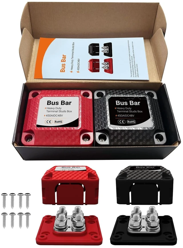 Main image of Cxcnmou 450A Heavy Duty Bus Bar, 12-48V Tin-Plated Copper Block DC Power Distribution Block with 4 x M10 Stud Posts, Red/Black for Automotive, RV, Solar Battery Systems