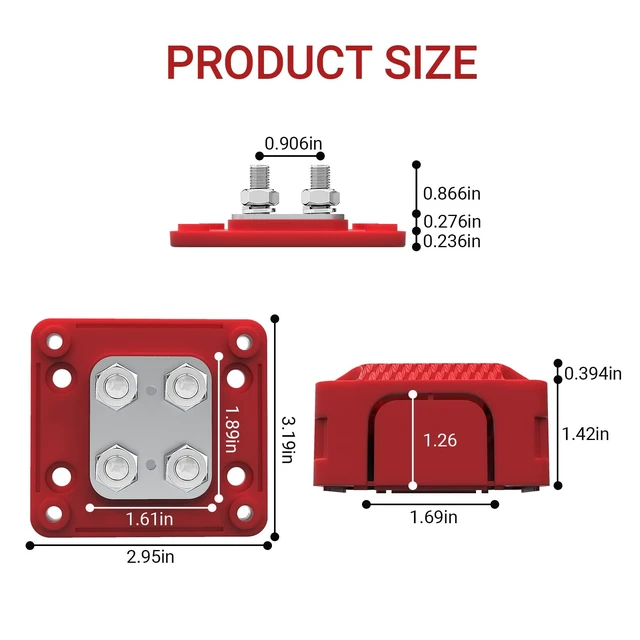 Alt view image 3 of 5 - Cxcnmou 450A Heavy Duty Bus Bar, 12-48V Tin-Plated Copper Block DC Power Distribution Block with 4 x M10 Stud Posts, Red/Black for Automotive, RV, Solar Battery Systems