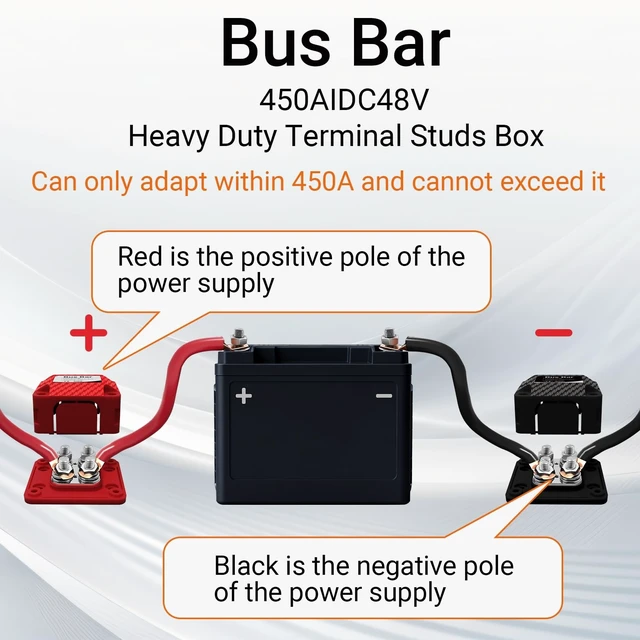 Alt view image 4 of 5 - Cxcnmou 450A Heavy Duty Bus Bar, 12-48V Tin-Plated Copper Block DC Power Distribution Block with 4 x M10 Stud Posts, Red/Black for Automotive, RV, Solar Battery Systems