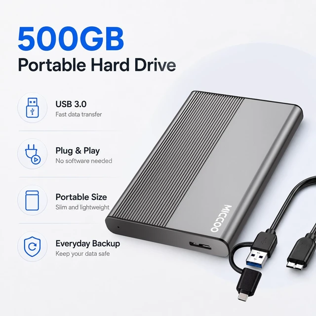 Alt view image 2 of 5 - MICCOO 500GB External Hard Drive HDD, USB 3.0 Portable Expansion Storage