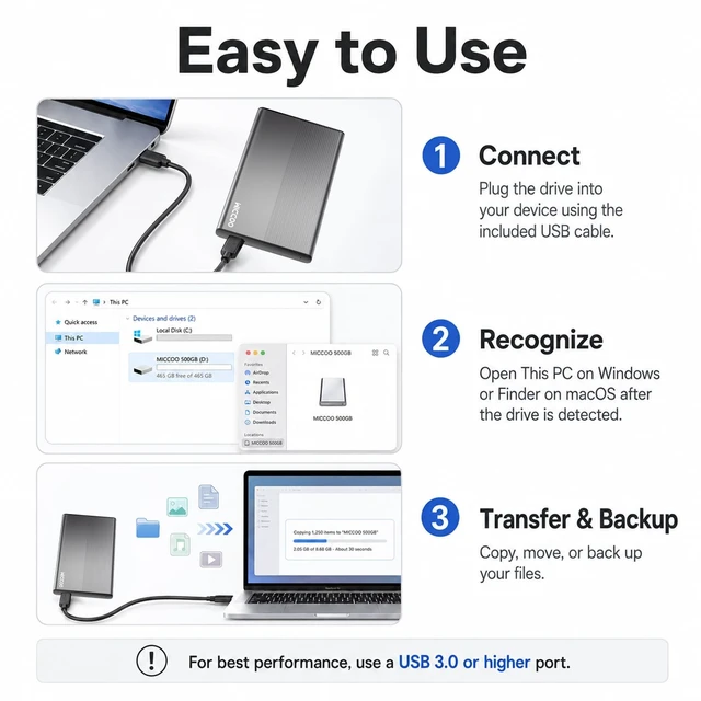 Alt view image 5 of 5 - MICCOO 500GB External Hard Drive HDD, USB 3.0 Portable Expansion Storage