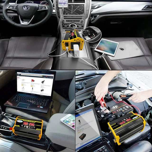 Alt view image 2 of 5 - YUHOME Modified Sine Wave Inverter High Frequency 4000W Peak Power Watt Power Inverter DC 12V to AC 220V Converter Car Power Charger Inverter with 2.1A Dual USB Port Battery Clips Display Screen