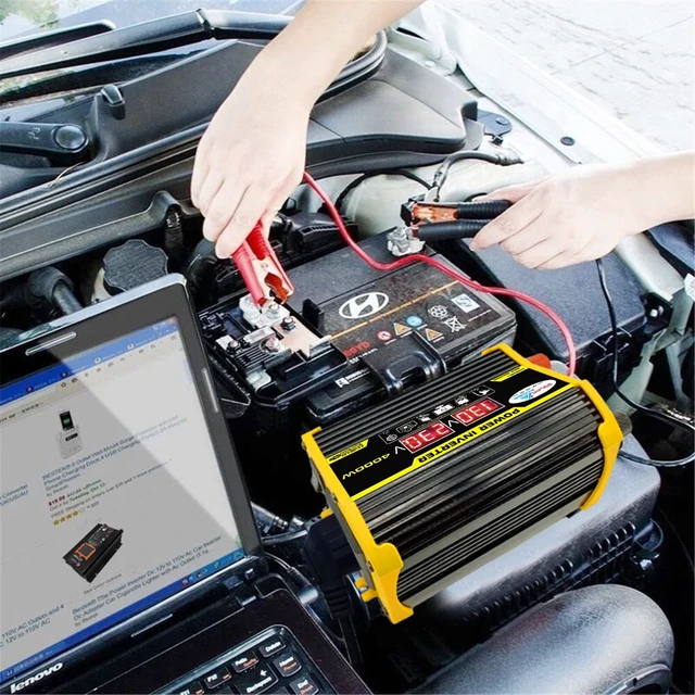 Alt view image 4 of 5 - YUHOME Modified Sine Wave Inverter High Frequency 4000W Peak Power Watt Power Inverter DC 12V to AC 220V Converter Car Power Charger Inverter with 2.1A Dual USB Port Battery Clips Display Screen