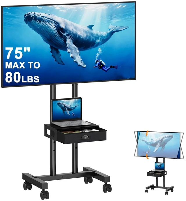Main image of Rolling TV Stand with Drawer for 32-75 Inch TVs, Adjustable Storage Shelf