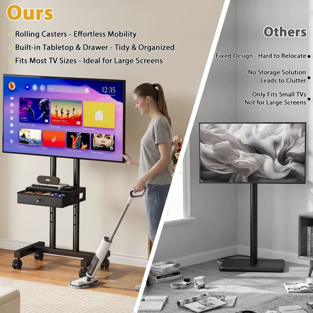 Alt view image 3 of 5 - Rolling TV Stand with Drawer for 32-75 Inch TVs, Adjustable Storage Shelf