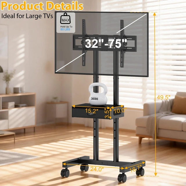 Alt view image 4 of 5 - Rolling TV Stand with Drawer for 32-75 Inch TVs, Adjustable Storage Shelf