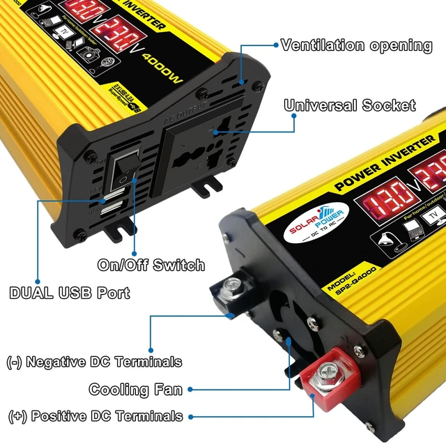 Alt view image 3 of 5 - YUHOME Modified Sine Wave Inverter High Frequency 4000W Peak Power Watt Power Inverter DC 12V to AC 110V Converter Car Power Charger Inverter with 2.1A Dual USB Port Battery Clips Display Screen