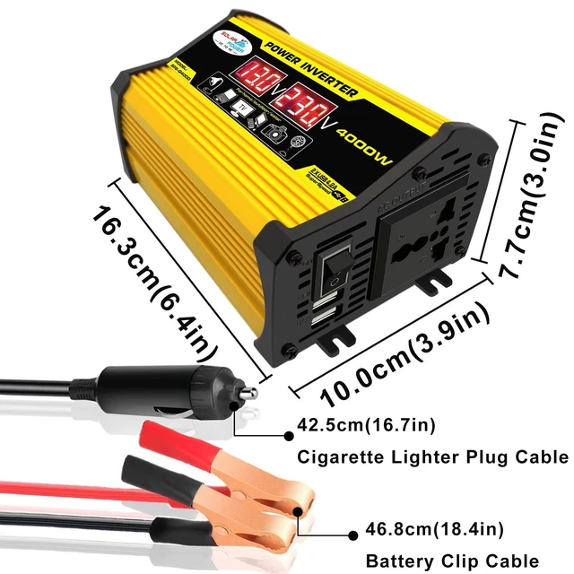 Alt view image 4 of 5 - YUHOME Modified Sine Wave Inverter High Frequency 4000W Peak Power Watt Power Inverter DC 12V to AC 110V Converter Car Power Charger Inverter with 2.1A Dual USB Port Battery Clips Display Screen