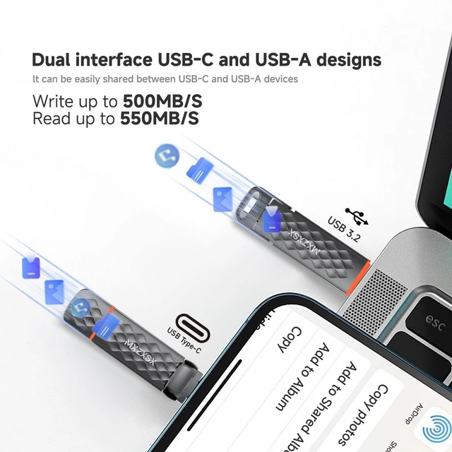 Alt view image 2 of 5 - MXZXSX 256GB External SSD Thumb Drive Up to 550MB/s USB Flash Drive,USB 3.2 + Type C, for iPhone 15/16/PS4/Android Phone/Tablet/Windows/Mac, Zinc Alloy Body